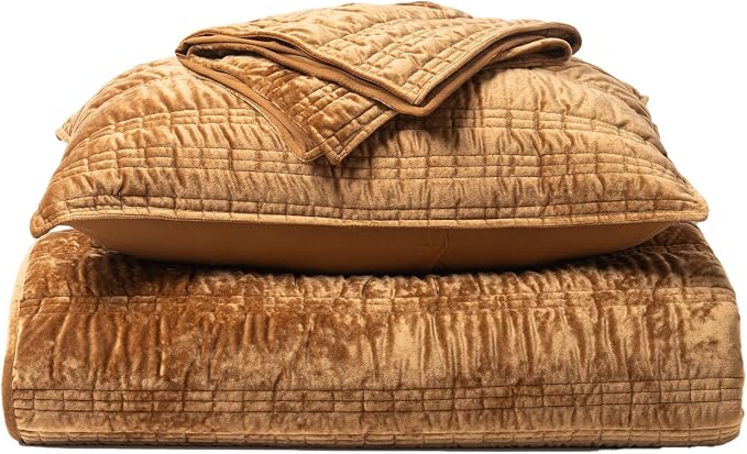 EVERGRACE Luxury Ruched Velvet Quilt Queen Size, Ultra Soft Bedspread Coverlet Set, Lightweight Velvet Comforter, Quilted Bedding Cover with 2 Matching Shams for All Season, Gold Yellow | Luxe Velvet