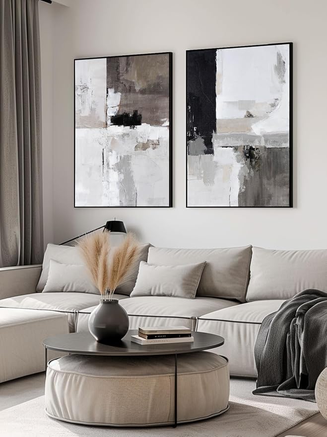 SAFERRYHOME Set of 2 Modern Grey and Black Abstract Wall Art - Framed Canvas Paintings for Living Room, Bedroom, Office Décor - 24x36 Inches Each