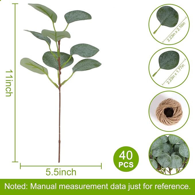 ZeKonan 40 Pcs Artificial Eucalyptus Stem, Fake Silver Dollar Eucalyptus Leaves Stems Bulk Real Touch Faux Leaf Branches for DIY Bouquets Floral Arrangement Wedding Home Decor