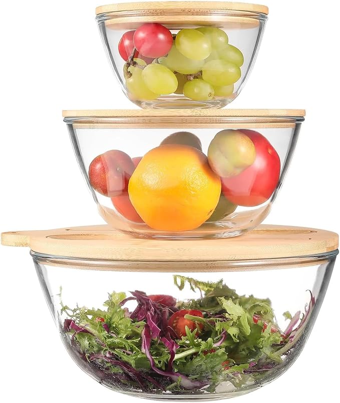 JOYMAY Glass Salad Bowls, Set of 3 Glass Bowls with Bamboo Lids Large Serving Bowl for Salad, Pasta, Desserts, W/Bamboo Utensils Salad Fruit Nesting Bowl for Cooking,Baking,Prepping,Serving & Storage
