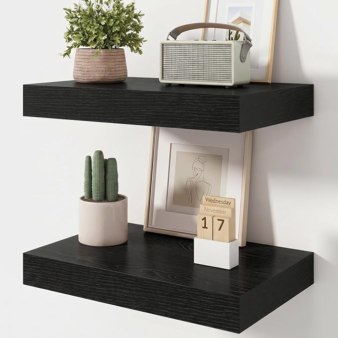 FLYJOE 20 Inch Floating Shelves, 12 Inch Deep Floating Shelves Set of 2, 20''W x 12''D Black Wood Shelves for Wall, Bathroom Available, Engineered Wood, Mounting Hardware Included