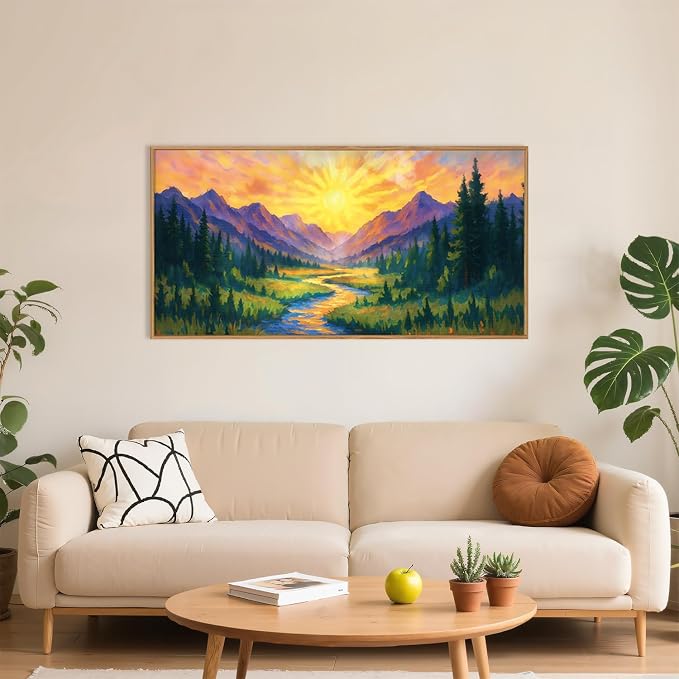 HPNIUB Boho Mountain Sunrise Framed Canvas Wall Art Set,Nature Colorful Wilderness Wall Decor,Abstract Landscape Art Print,Sunset Pine Tree River Artwork for Living Room, Bedroom,Dining Room,Office -20''x40''