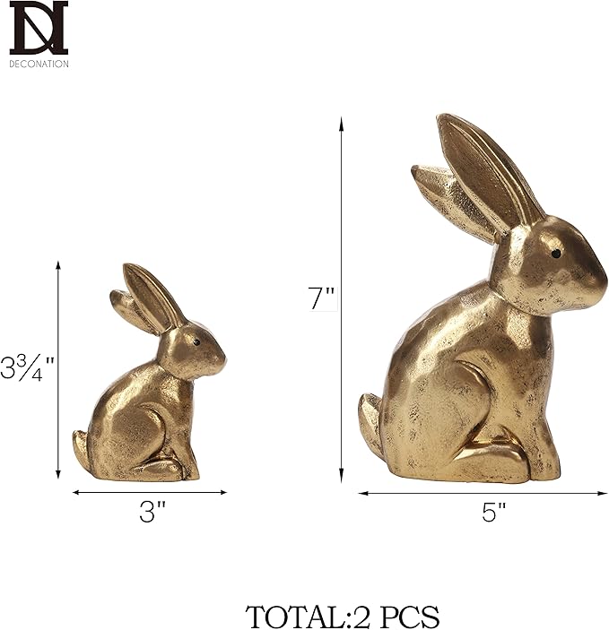 DN DECONATION Golden Bunny Figurines, Wooden Bunny Decor, Small Easter Rabbit Statue Set of 2, Vintage Easter Decorations, Bunny Decorations for Home, Spring Decor, Gift