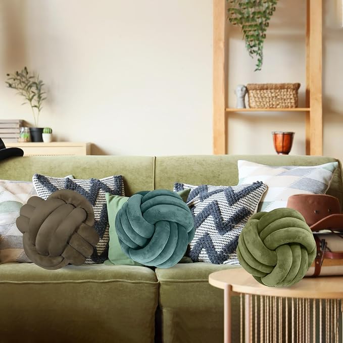 Yerliker 4 Pcs Knot Pillow Ball, 8.7 Inches Soft Home Decorative Round Throw Pillow Handmade Knotted Plush Accent Cushion Gifts for Nursery Decor Home Bed Sofa Bedroom Decoration(Green Series)
