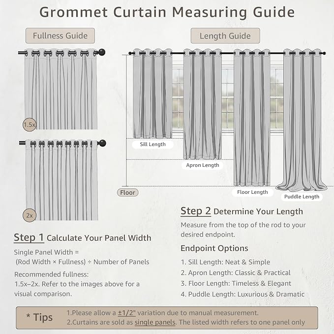 jinchan Custom Size Curtain Beige Linen Blend Curtain 1 Panel for Bedroom Living Room Light Filtering Natural Farmhouse Rustic Grommet Drape (Ecru)