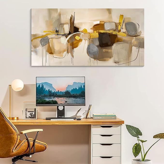 HGUAOA Abstract Wall Art for Living Room - Large Yellow and Orange Geometric Artwork - Modern Paintings for Office Decor - Contemporary Big Wall Decor for Home or Office 20×40IN