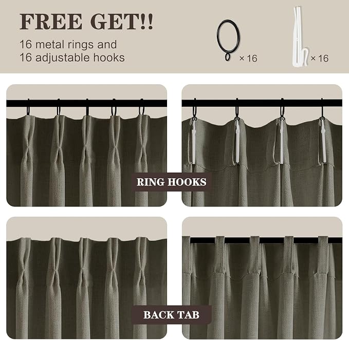 YZ HOME Dark Grey Pinch Pleated Linen Curtains 96 Inches Long for Living Room, Light Filtering Pleat Drapes Textured Thick Ceiling Semi-Sheer Window Curtain with Hooks for Bedroom Balcony, 2 Panels