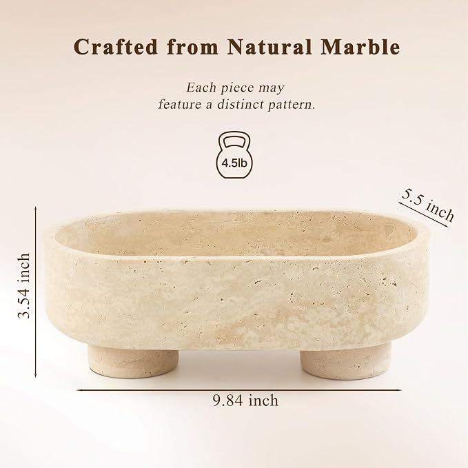 Natural Oval Travertine Stone Fruit Bowl, Two-Legged Decorative Bowl Beige | 10" Large Handcrafted Marble Catchall Bowl for Home Decor. Fruit Basket Bowl, Entryway Bowl, Pedestal Bowl for Dining Table