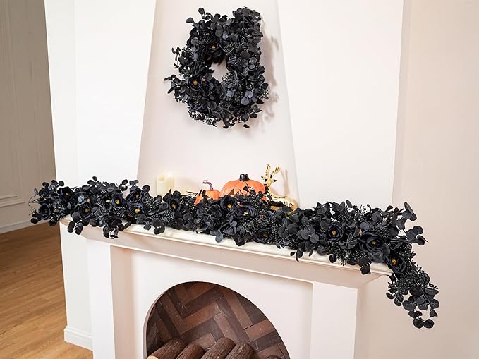 6FT Black Halloween Garland with 10 Black Rose and Berries, Artificial Flower Eucalyptus Garland for Halloween Decorations for Wedding Party Table Decor Indoor Outdoor Backdrop Wall Decor