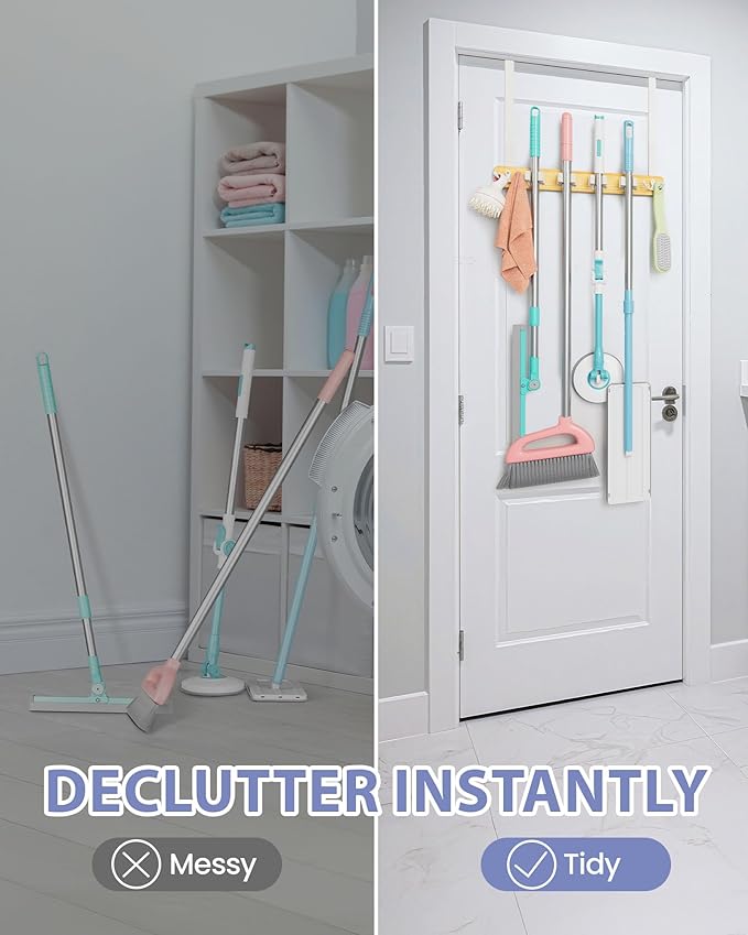 FANGSUN Broom Holder Door Mount Hanging, Over The Door Broom and Mop Organizer with 4 Slots and 4 Hooks, Wooden Tool Rack Storage Hanger for Laundry, Closet, Garage, No Drills