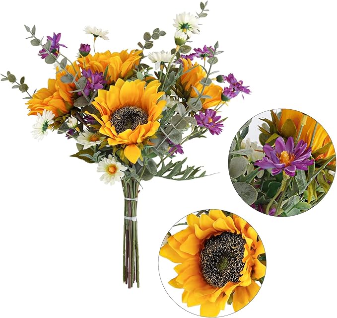 CEWOR Artificial Sunflowers Fake Cemetery Flowers for Grave Bouquet with Sunflowers for Bridal Bouquets Wedding Centerpieces Decor Party Table Gravesites Fall Floral Arrangements Home Decoration