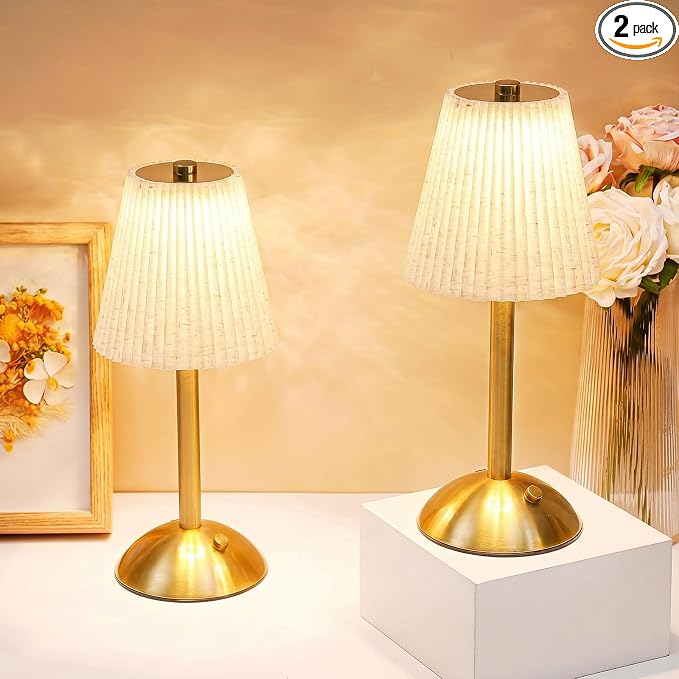 Liliful 2 Pcs Cordless Table Lamp Rechargeable Touch LED Small Gold Portable Battery Operated USB-c Desk Lamp 3 Color Dimmable for Bedroom Living Room Dining (Gold,Beige Cloth Style)