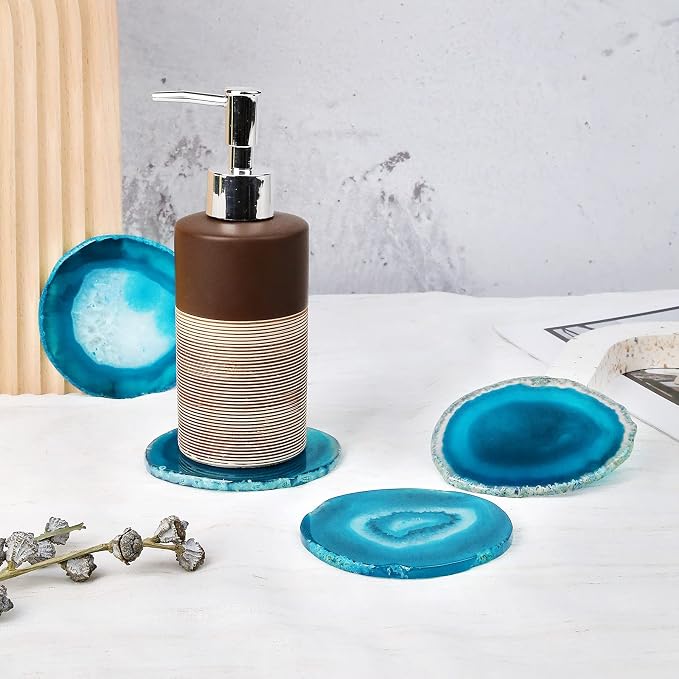 Natural Blue Agate Coasters for Drinks Set of 4 | Natural Stone Coasters 3.5-4", Decorative Gemstone Coasters for Coffee Table, Bar or Desk, Housewarming Gift for Friends