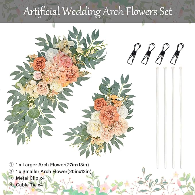 Burnt Orange Artificial Wedding Arch Flowers Set of 2, Fall Wedding Arch Floral Swags for Ceremony, Reception Welcome Sign, Backdrop Decoration