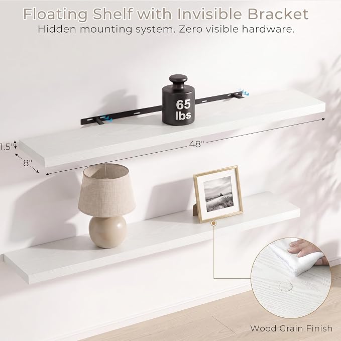 Vivelove Wall Floating Shelves for Display with Invisible Brackets, 48 Inch Floating Shelf for Under TV Over Fireplace Bedroom Living Room Office, 48”X 8”X 1.4", Set of 2 - White
