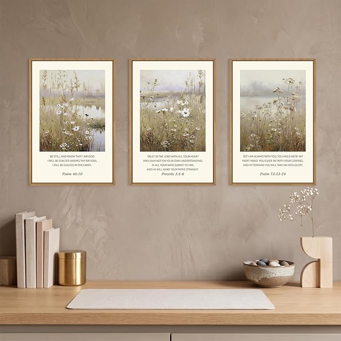 Large Christian Bible Verses Framed Canvas Wall Art,Vintage Scripture Wildflower Wall Decor,Modern Jesus Religious Nature Landscape Artwork for Living Room,Bedroom,Dining Room-24"x36"x3