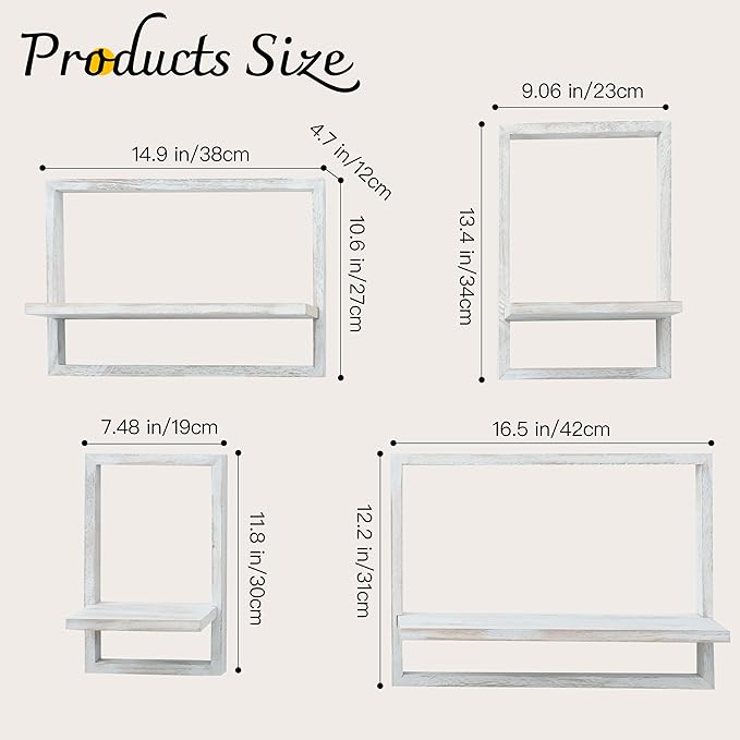 PHOENANCEE Square Floating Shelves,Framed Wall Shelf Decorative Set of 4,Modern Plants Hanging Display Art Decor Storage for Livingroom Bedroom Bathroom Farmhouse,Home Light Wood,Rustic White