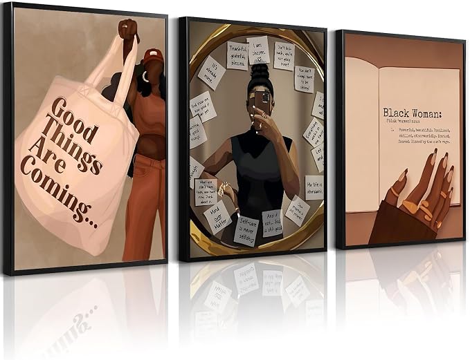 Black Girl Wall Art African American Woman Canvas Wall Decor Black Female Wall Art Fashion Women Poster Feminine Boho Pictures Abstract Paintings for Bedroom Bathroom 24x36 Inch Unframed Set of 3