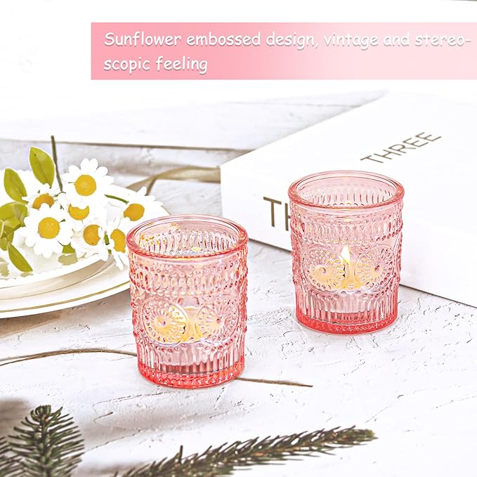 12 Pcs Pink Glass Votive Candle Holders, Tealight Candle Holders for Table Centerpieces, Vintage Candle Holder Bulk, Boho Wedding, Valentine's Day Table Decor (Pink)