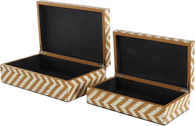 Deco 79 Paper Geometric Handmade Decorative Box Woven Zig Zag Storage Decorative Keepsake Box with Cream Accents, Set of 2 Storage Box 12", 8"W, Brown