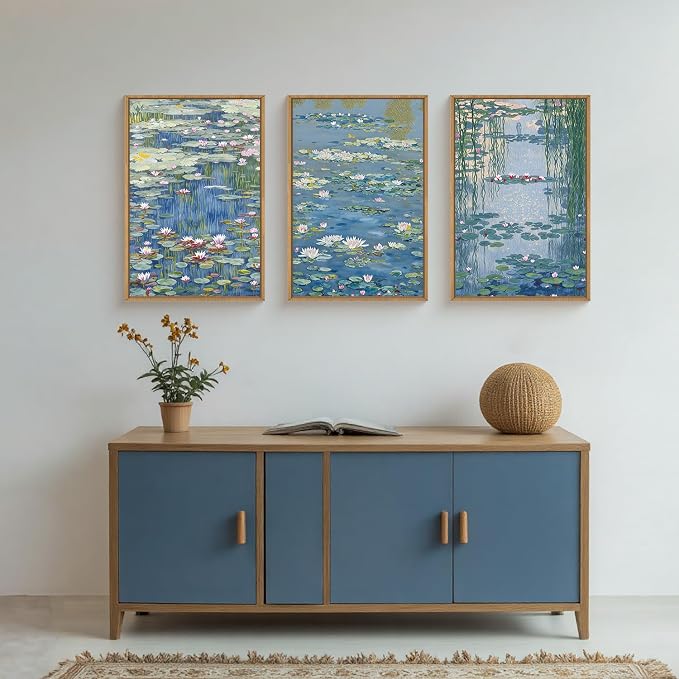 Large Nature Lilies Ponds Framed Canvas Wall Art,Impressionist Flower Wall Decor,Claude Monet Style Wall Painting,Garden Botanical Artwork for Living Room,Bedroom,Dining Room,Office -24"x36"x3