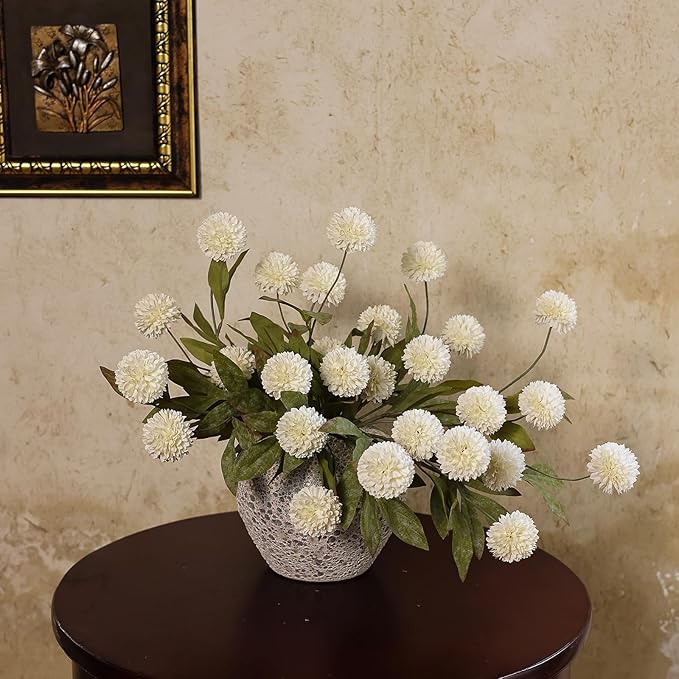 VIERENA 12 Pcs Faux Silk Pompon Mum Artificial Flowers for Vase -27", Bulk Fake Chrysanth Branches with Stems for DIY Bouquet Centerpieces Wedding Fillers Arrangements Shower Decorations (Cream)