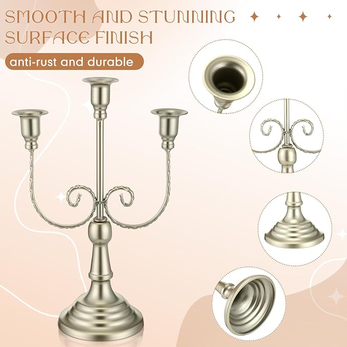 Dandat 3 Pcs 3 Arm Metal Candelabra Candlestick Holders Tall Candlestick Holders Gothic Candle Holder for Home Wedding Church Christmas Party (Retro,11.8 Inch,Matte Silver)