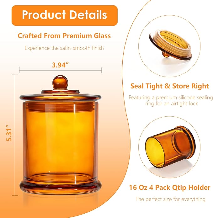 LITIVY 4 Pack Bathroom Organizers and Storage - 16 Oz Glass Qtip Holder & Cotton Pad Dispenser with Lid, Apothecary Jars for Home, Room Decor, Kitchen Organizer (Amber)