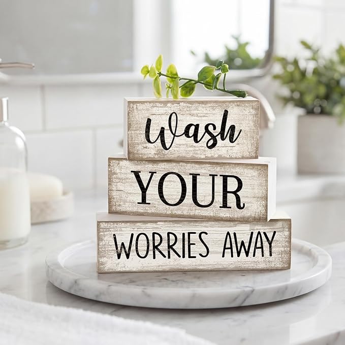 Moucuny 4 Pcs Bathroom Decor Wash Your Worries Away Sign Funny Bathroom Laundry Room Decor and Accessories Rustic Eucalyptus Leaves Block Signs Funny Toilet Washroom Table Centerpiece for Home Toilet