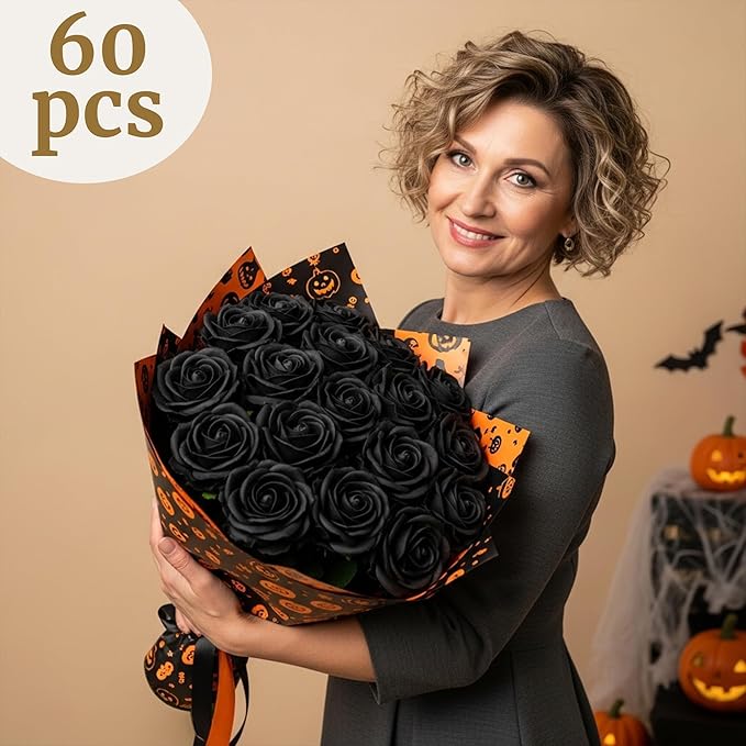 Auihiay 60PCS Black Fake Roses, Velvet Silk Artificial Roses, Realistic Roses Flowers for Photo Shoots, Wedding Centerpieces, Bridal Bouquets, Anniversary, Valentine's Day, New Year's Decorations