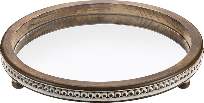 KULEDM Handmade Wooden Serving Tray, Small Beaded Coffee Table Tray Decor, Mirror Round Decorative Tray for Coffee Table, Dining Room Table Entryway and Living Room Table, TR700