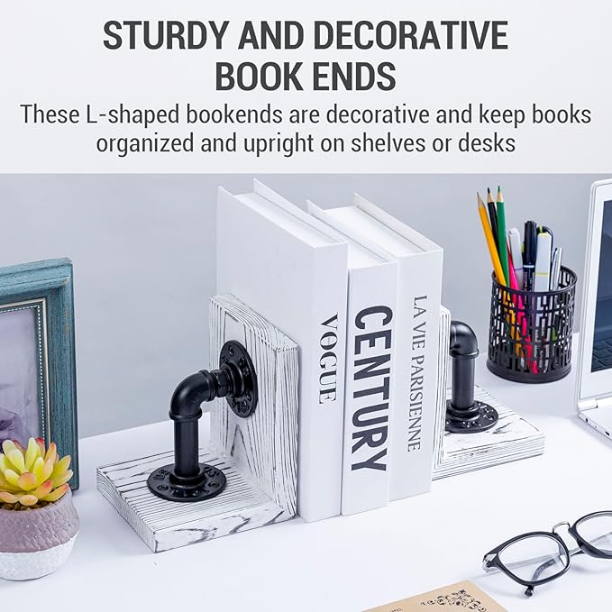 MyGift Decorative Bookends, Office Book Ends for Shelves, Book Holder L-Shaped Stand Desktop, Whitewashed Solid Wood with Realistic Industrial Pipe Design