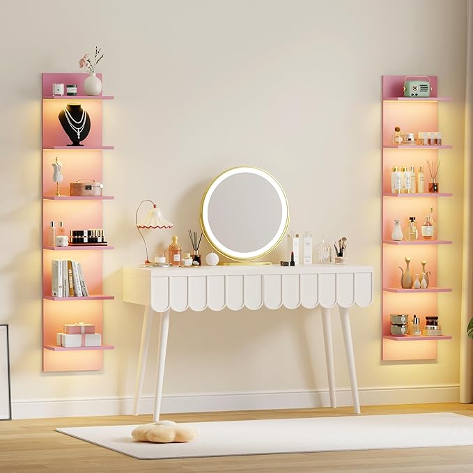 Qupui 6 Tier Wall Shelf Unit with LED Light, Display Floating Storage Home Decor Organizer Shelves for Bedroom Living Room, Pink