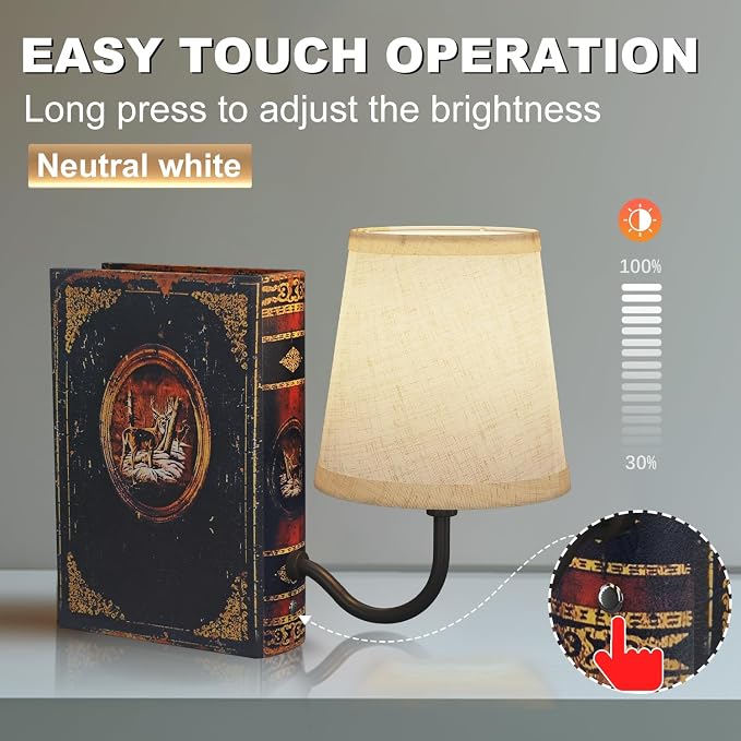 Vintage Bookshelf Lamp Rechargeable, Cordless Book Lamp with Linen Shade, Dimmable Touch Control Table Lamp, Modern Decorative Bookend, Bookshelf Lights for Office Home, Library, Study