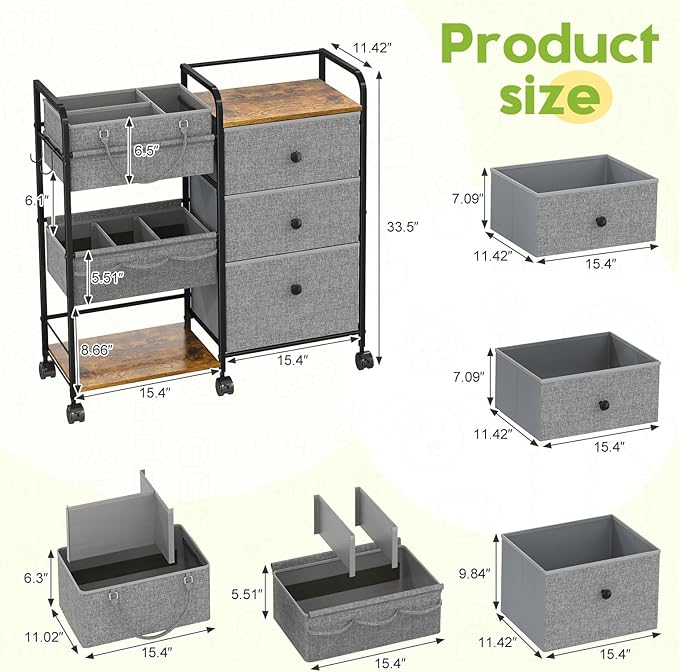 Cidaziya 2In1 Baby Diaper Caddy Organizer and Storage, 3 Tier Rolling Cart with Dividers and Drawers, Mobile Utility Cart Baby Dresser Clothes Organizer for Changing Table, Crib Nursery, Bedroom, Grey