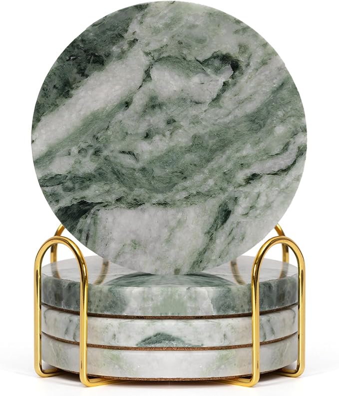 Sage Green Marble Coasters Set of 4 with Holder, Green & White Coaster for Coffee Table, 4" Round Polished Green Stone Coasters with Cloudy Veins – Heat Resistant, Non-Slip, Housewarming Gift