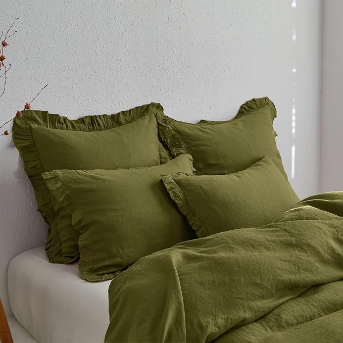 Simple&Opulence 100% Linen Duvet Cover Set, 3 PCS Natural French Flax Ruffle Duvet Cover King Size, Breathable Comfy Linen Bedding Comforter Cover with 2 Pillowcases (Olive Green, 104" X 92")