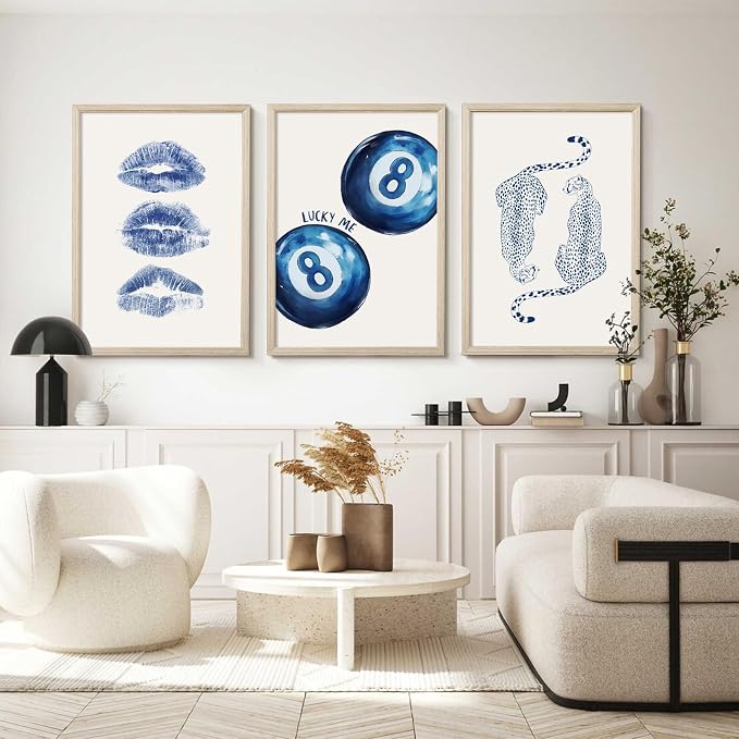 Leopard Wall Art Cheetah Canvas Prints Trendy 8 Ball Wall Decor Preppy Aesthetic Poster Lucky Leopard Pictures Funky Painting Navy Kiss Artwork for Bedroom Living Room 12x16 Inch Wood Framed Set of 3