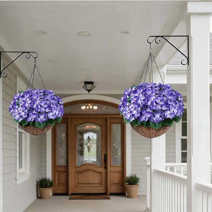 FOTEEWL 16 Bundles Artificial Hydrangea Flowers for Outdoor Decor, Realistic Faux Silk Bouquets Sun-Resistant Fake Plants for Front Door Balcony Farmhouse Garden Home Spring Summer Decor (Purple)