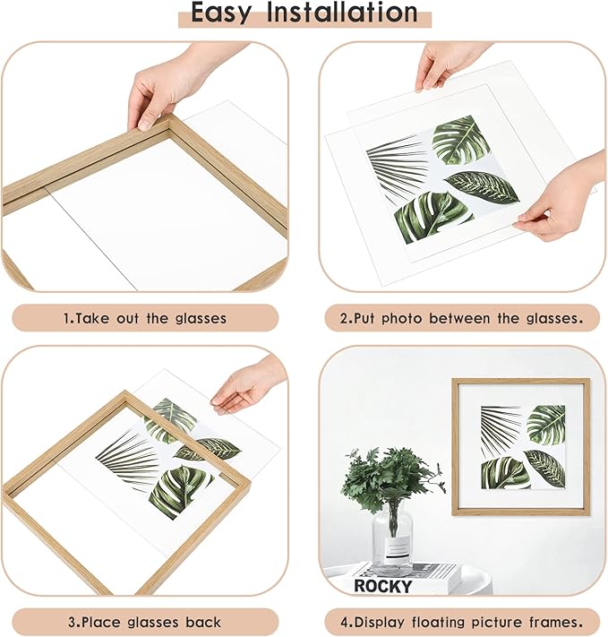 MUYE 10x10 Floating Frame Set of 2,Double Glass Square Photo Frame,Display Any Size Photo up to 10x10,Wall Mount or Tabletop Standing,Natural
