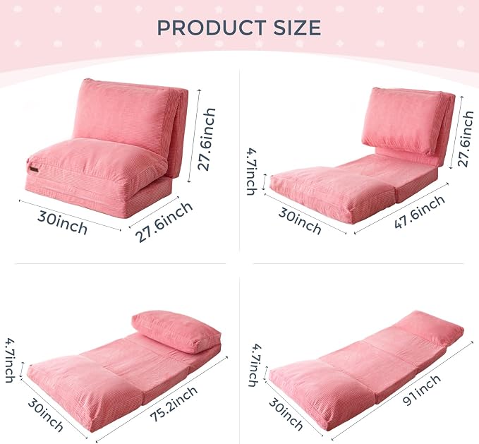 MAXYOYO Folding Sofa Bed, Extra Thick and Long Floor Sofa Convertible Chair with Washable Cover, Floor Couch Lounge Bean Bag Bed for Living Room, Pink, 30x91 Inch