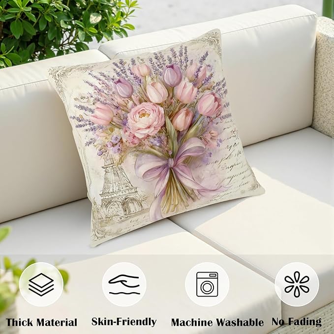 Vintage Tulip Pillow Covers Retro Lavender Throw Pillow Covers 16x16 Pink Purple Flower Bouquet Pillow Cases Spring Summer Shabby Chic Floral Cushion Case for Sofa Couch 2 Pack