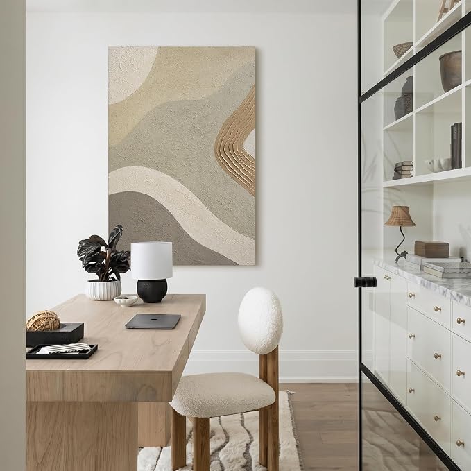 Modern Neutral Abstract Canvas Wall Art,3D Textured Oil Painting Wall Decor | Original Hand‑Painted Large Vertical Wall Art with Soft Layered Tones for Living Room Bedroom Office Home Decor Gift 36x24 in