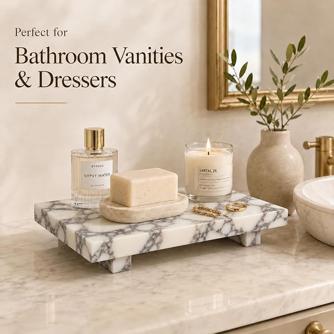 Marble Pedestal Tray for Perfume, Jewelry & Vanity Organizers | 9.84 in Calacatta Viola Stone Decorative Tray for Bathroom Counter Decor and Dresser Display