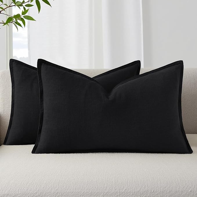 decorUhome Summer Decorative Linen Throw Pillow Covers 12x20 Inch Set of 2 Black Lumbar Pillow Covers with Flange Edges Soft Farmhouse Boho Accent Pillow Cases for Couch Bed Living Room