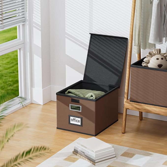 Faux Leather File Organizer Box with Lid, Collapsible Hanging File Folder Box Organizer with Plastic Slides, Decorative Home/Office Filing Boxes for File and Folder Storage - Dark Brown