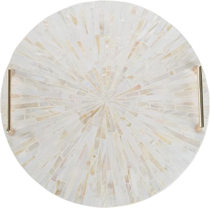 PEMAR Mother of Pearl Decorative Tray, 13"" Round with Gold Metal Handles, Vanity/Perfume/Trinket Tray, Catchall for Dresser, Bathroom, Vanity Table (White Sunlight)