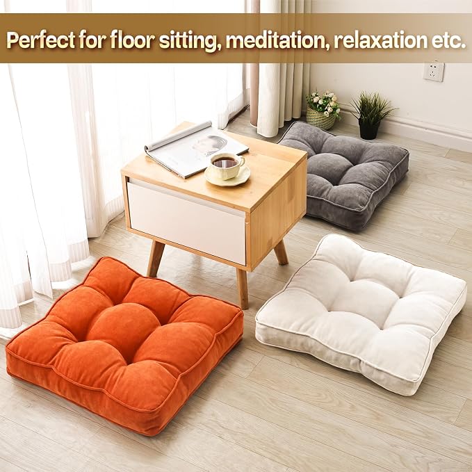 1 MIDDLE ONE Floor Pillow Set of 2, Memory Foam Floor Cushions for Adults, Large Meditation Pillow for Sitting, 22 x 22 Inches (Square | Orange)