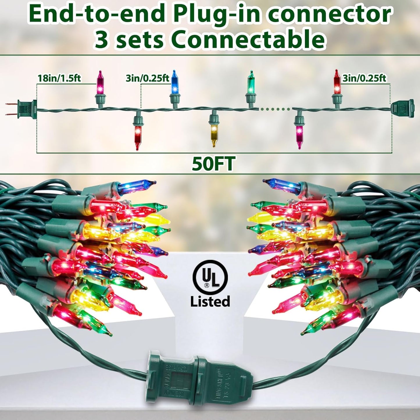 Multicolor Christmas Lights String 50FT 200 Count Incandescent Bulbs Mini Lights with Green Wire for Christmas Tree, Garland, Wedding, Party, Home, Indoor & Outdoor Festival Decoration