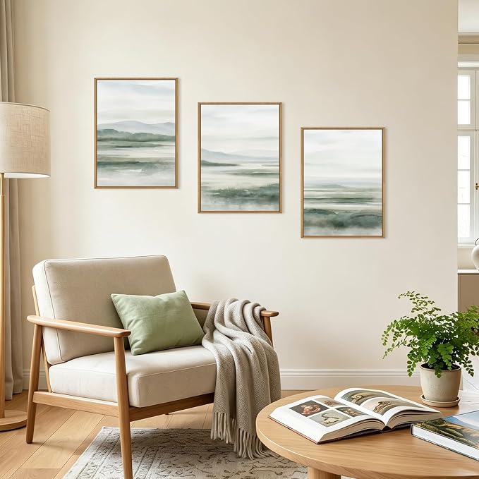 HOURIA Large Watercolor Misty Green Mountain Framed Canvas Wall Art,Neutral Brush Stroke Wall Decor,Modern Landscape Artwork,Nature Minimalist Art Print for Living Room,Bedroom,Office-12 x16 x3